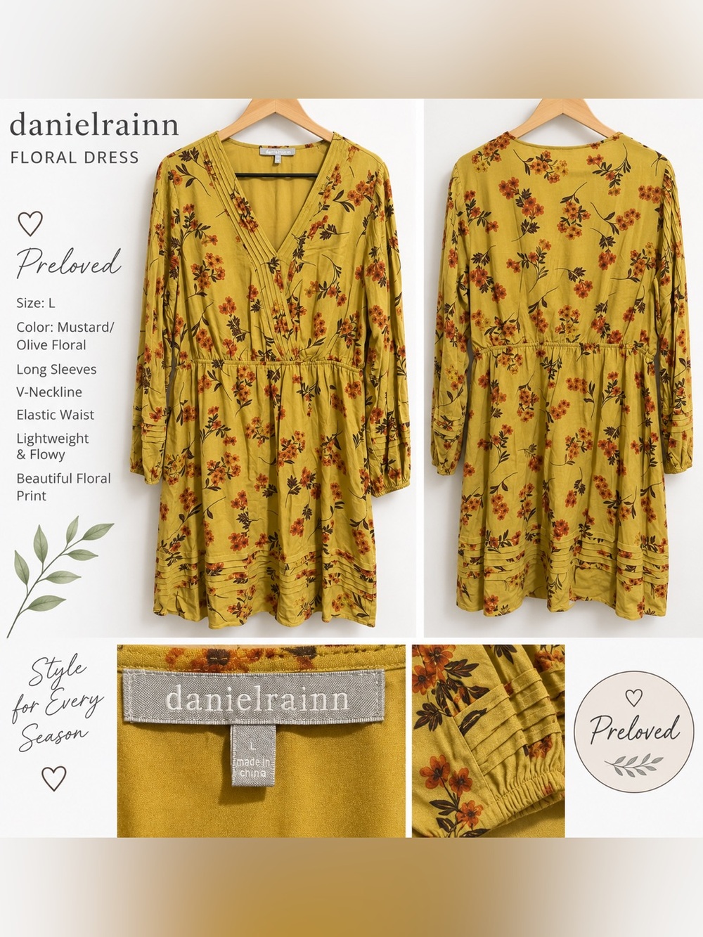 Daniel Rainn Mustard Floral Long Sleeve Dress Size L – Preloved